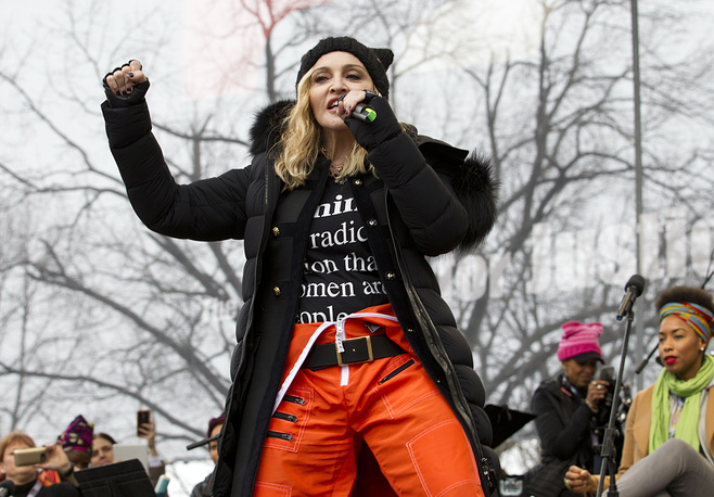 Madonna speaks at a rally in defense of women's rights. Her speech was quite harsh in relation to President Trump.