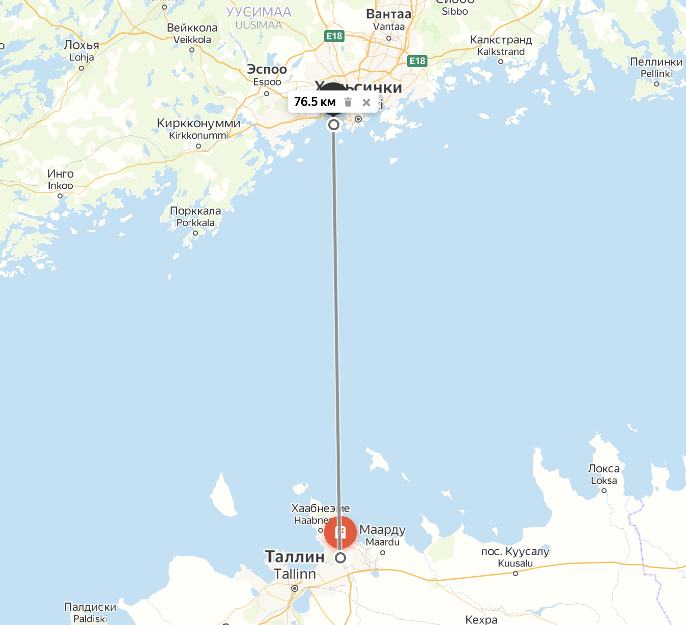 Расстояние от места съемок в Хельсинки до Таллинской телебашни(Источник: Яндекс.Карты)