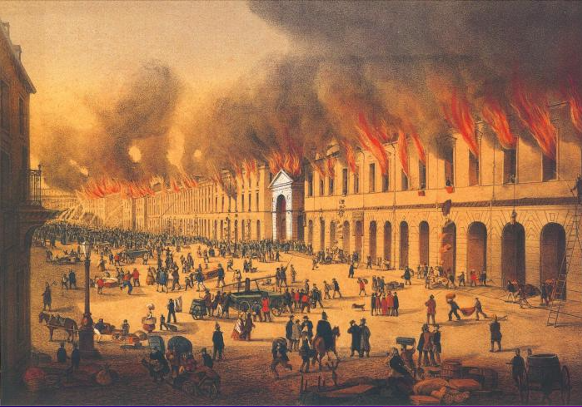 Рубахин В. Ф. «Пожар в Апраксином дворе», 1862 г. Это событие Лесков критически отразил в своей статье, что стало причиной «отмены».