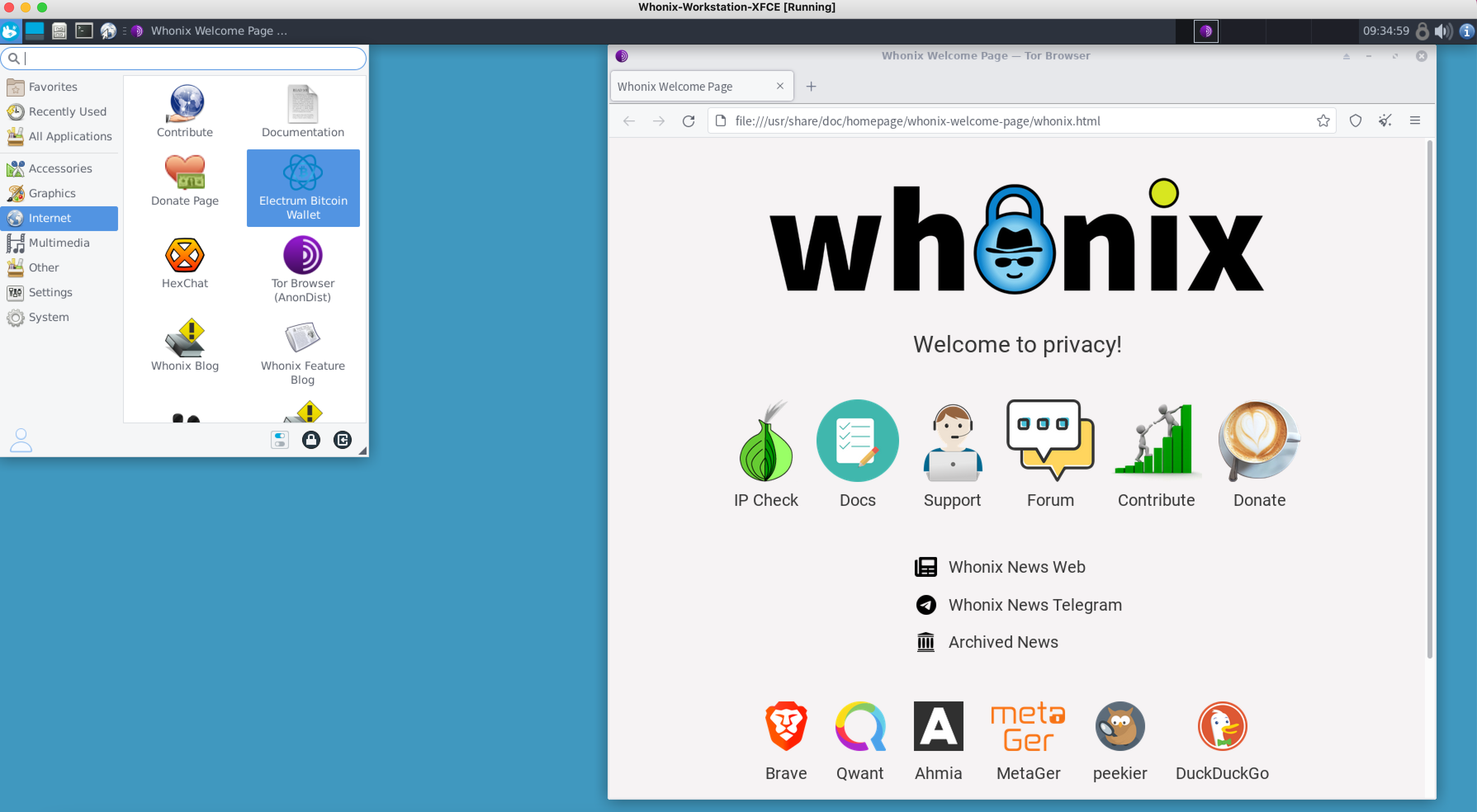 Рабочий стол Whonix открывается в отдельном окне, как приложение. В верхней правой вкладке есть все необходимое для работы: электронный кошелек для криптовалюты и браузер Tor.